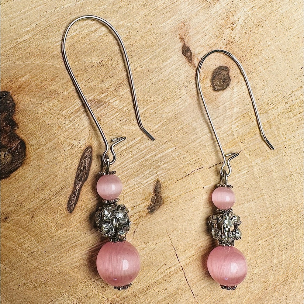 Pink and Silver Dangle Earrings with Decorative Beads